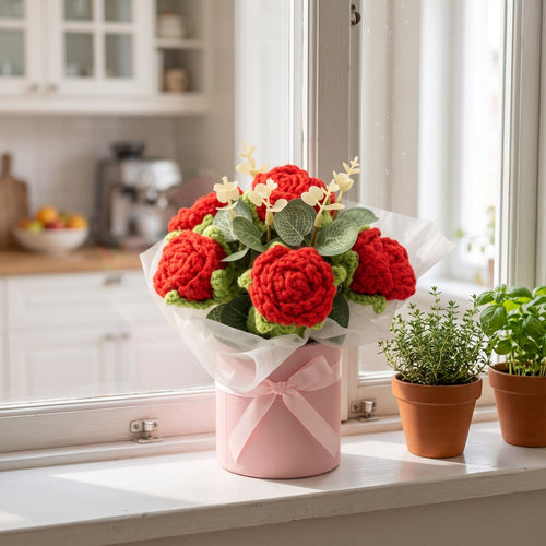 Bouquet Rose Éternelle na parapecie w kuchni